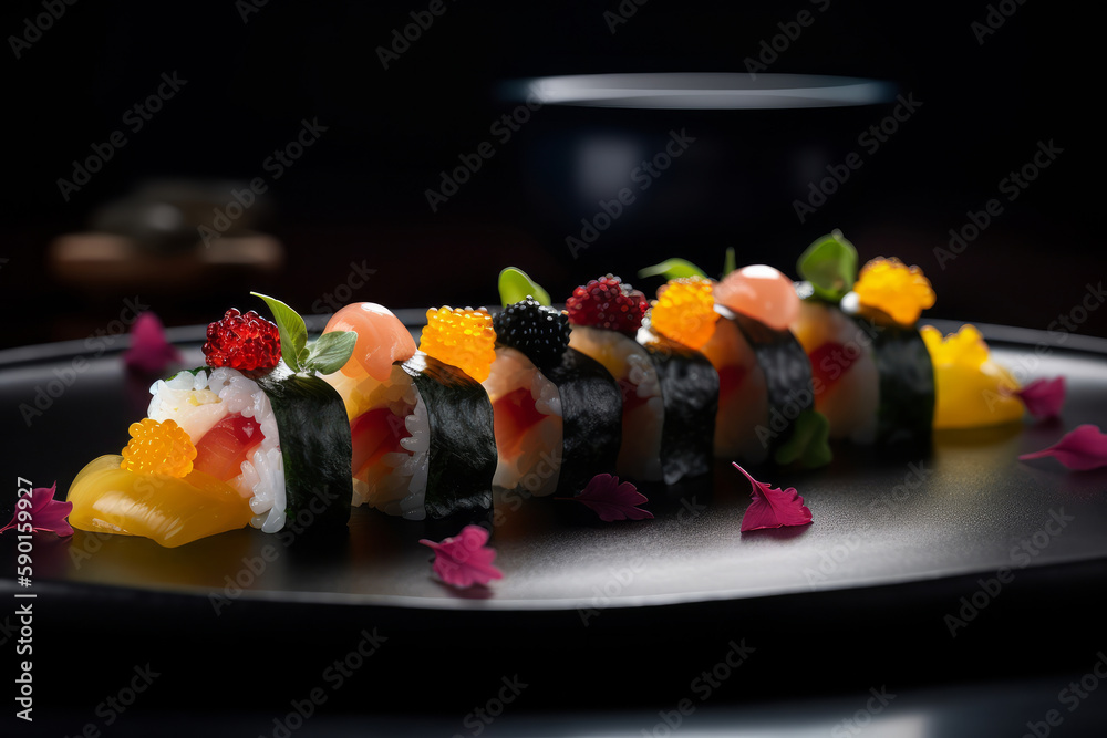 Sushi on black background. Illustration AI Generative