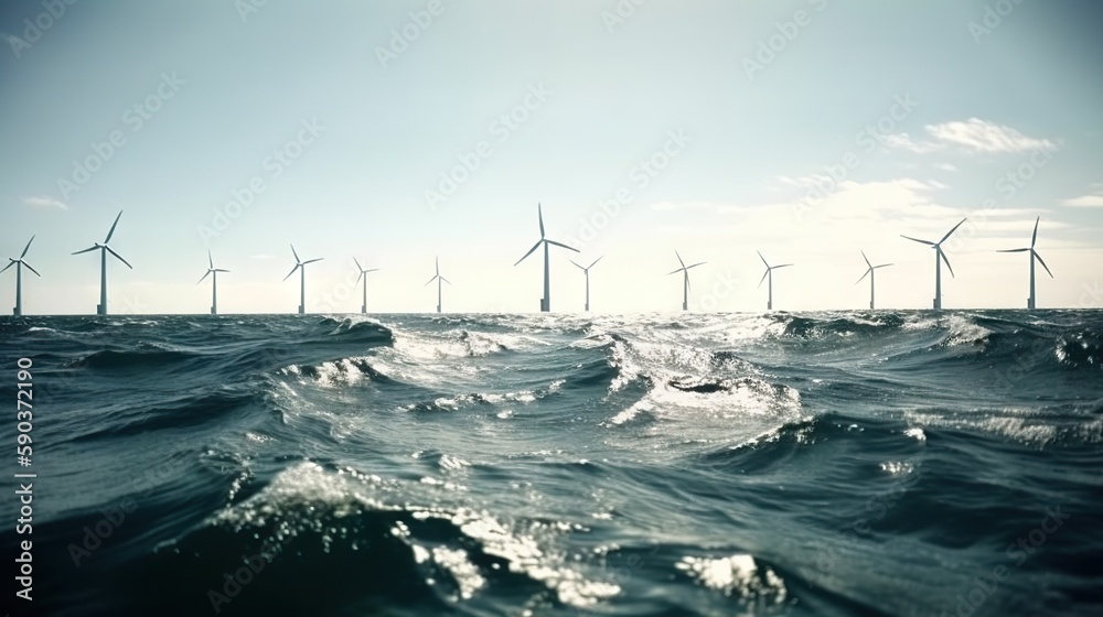 Offshore Windmill farm in the ocean, windmills isolated at sea on a sunny day. Generative AI