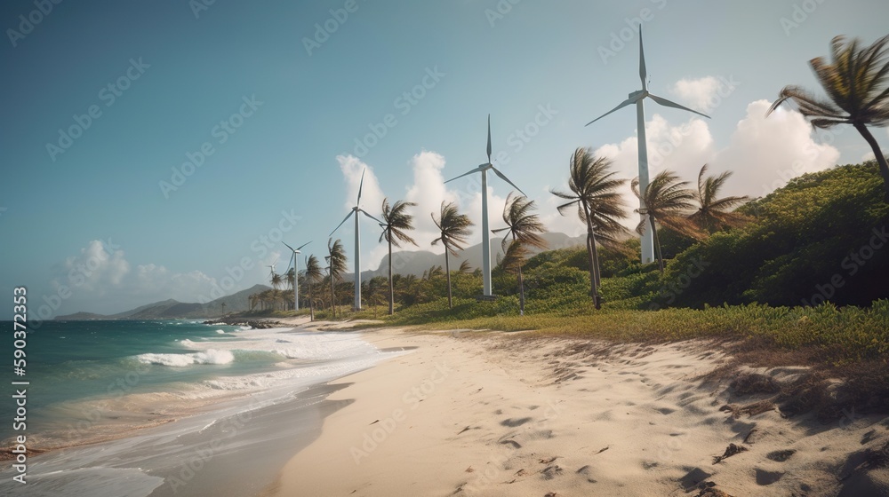 Windmill farm on the tropical ocean shore, windmills on a sunny day. Generative AI