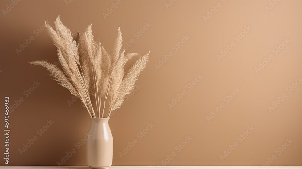 Vase with decorative dry plant branch against beige wall background. Minimalist interior mockup. Gen