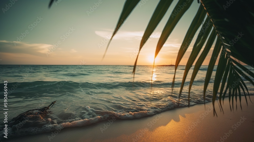 Tropical summer seascape with palm leaves, beach and paradise ocean on sunset. Generative AI