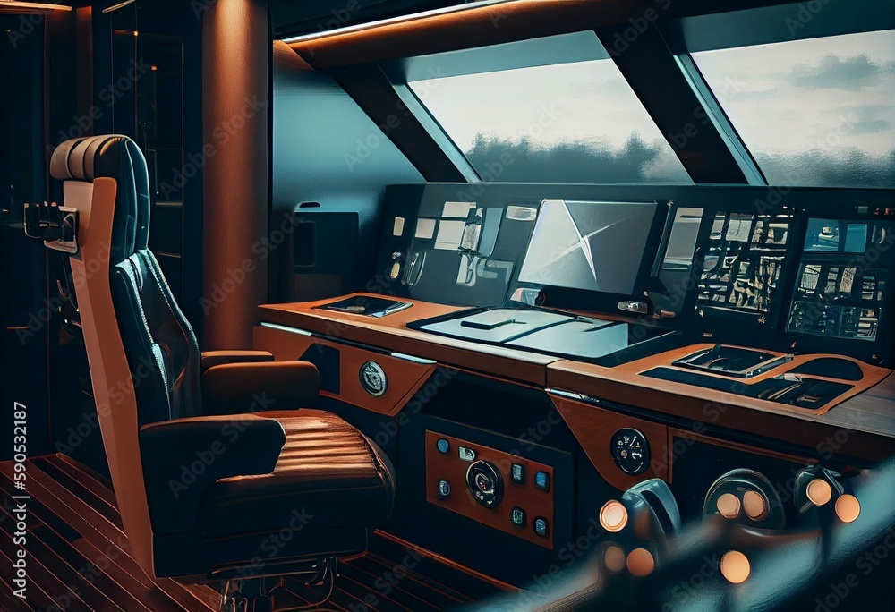 Luxury yachts captain cabin with high-end steering wheel paired with interior seats. Generative AI