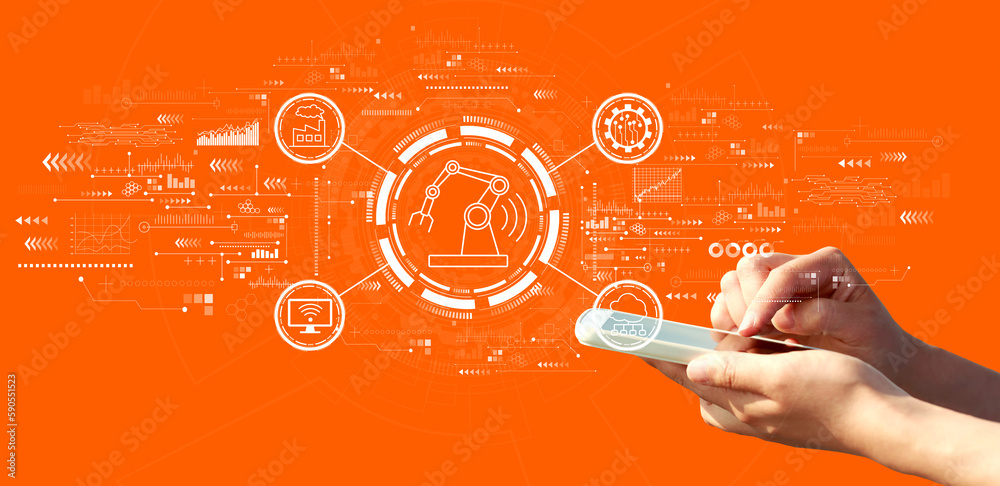 Smart industry concept with person using a smartphone on a orange background