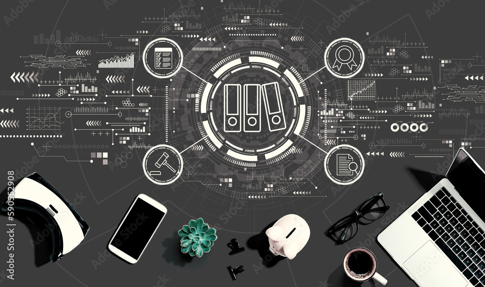 Compliance theme with electronic gadgets and office supplies - flat lay