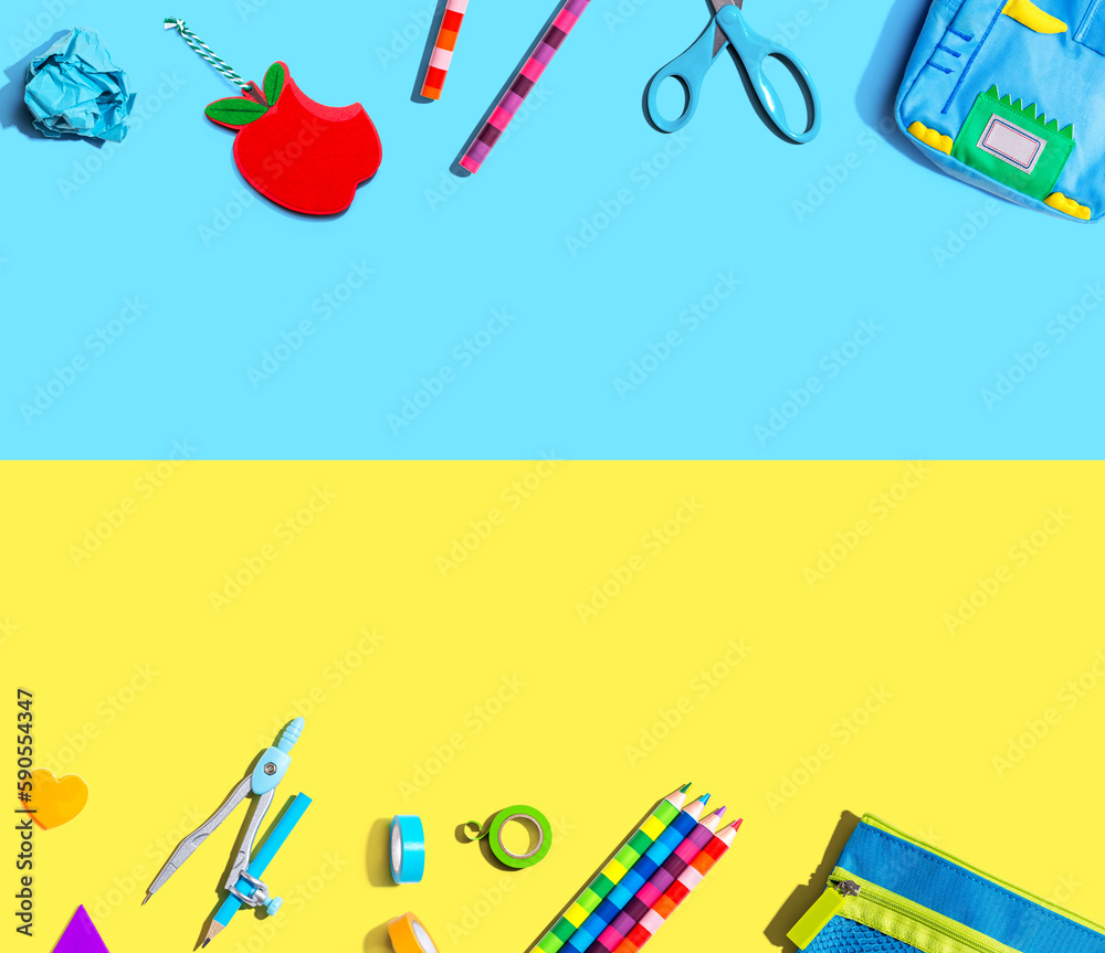 Collection of school supplies overhead view - flat lay