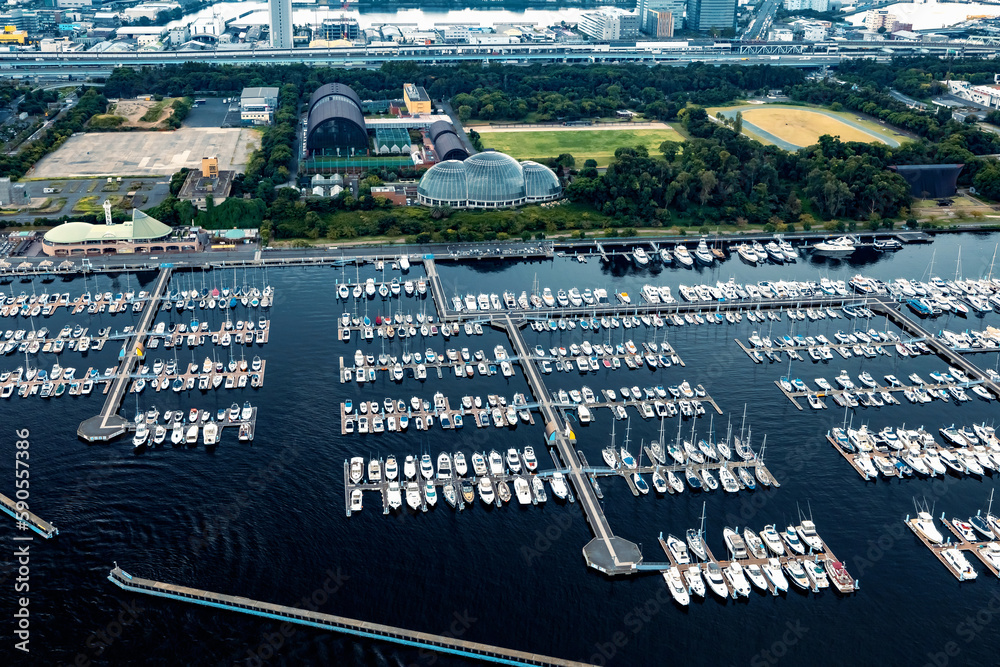 Yumenoshima Marina boats docked in Koto city, Tokyo, Japan