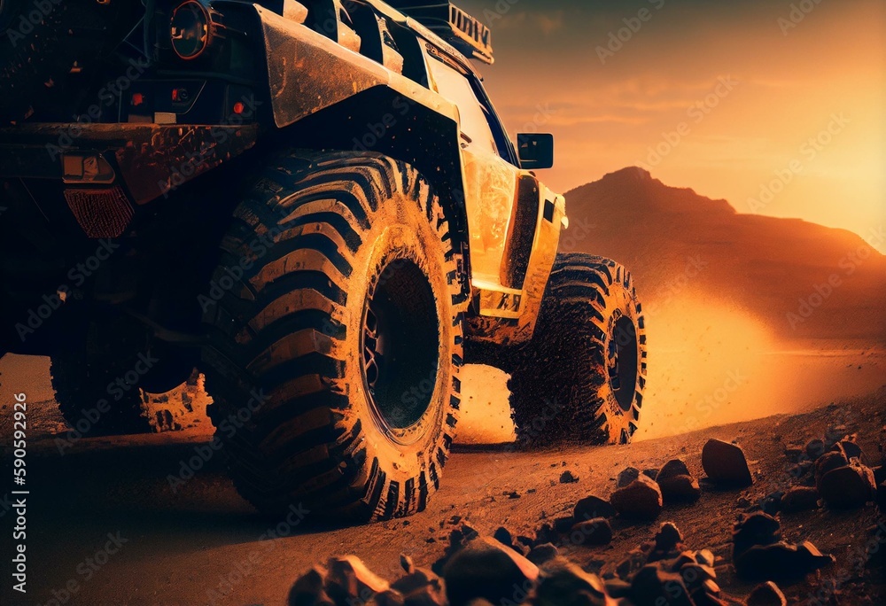 Off-road vehicle on dirt road with warm light. Adventure concept, with mud-covered tire. Generative 