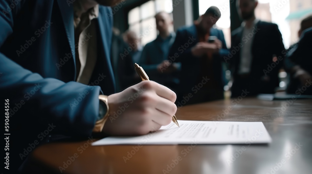 Businessman in the office signs a contract. Generative AI