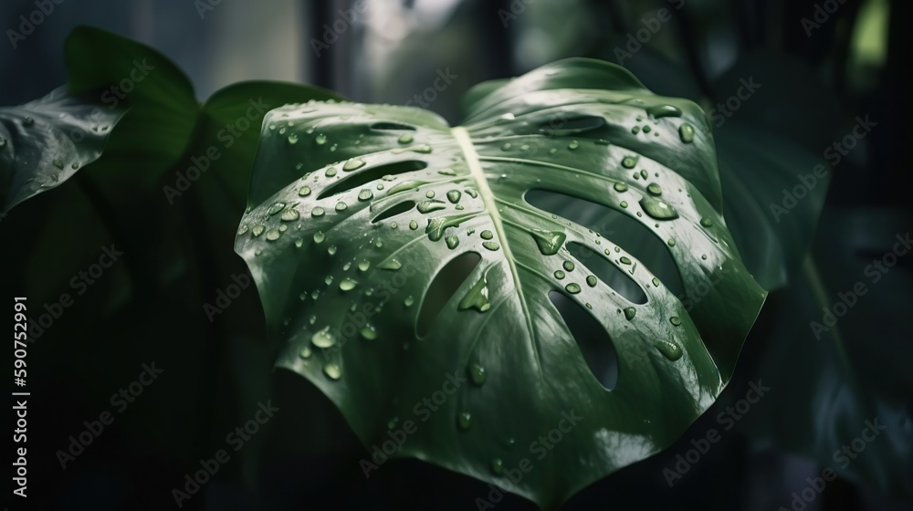 Closeup of Monstera tropical plant leaves with rain drops. Green natural backdrop. Generative AI