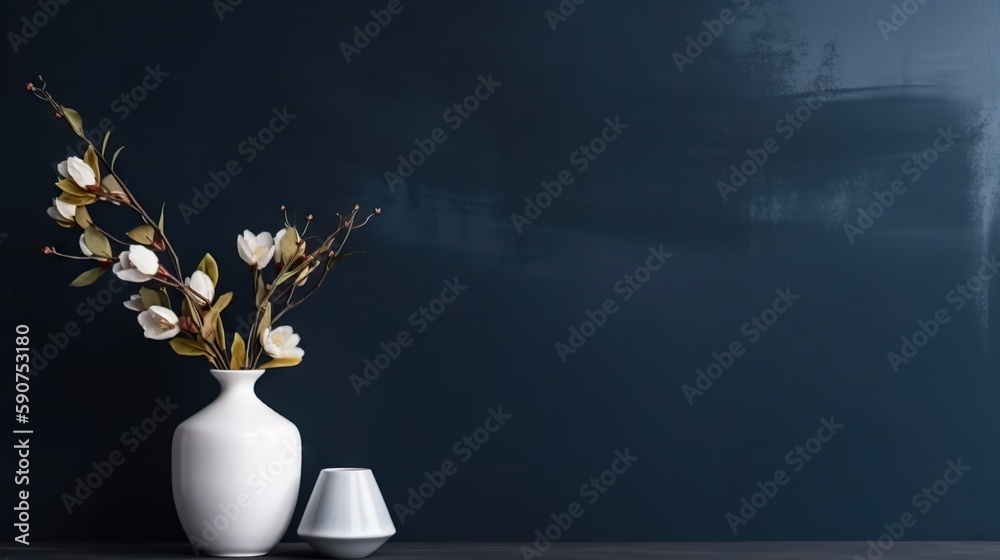 Vase with decorative plant branch against dark blue wall background. Minimalist interior mockup. Gen