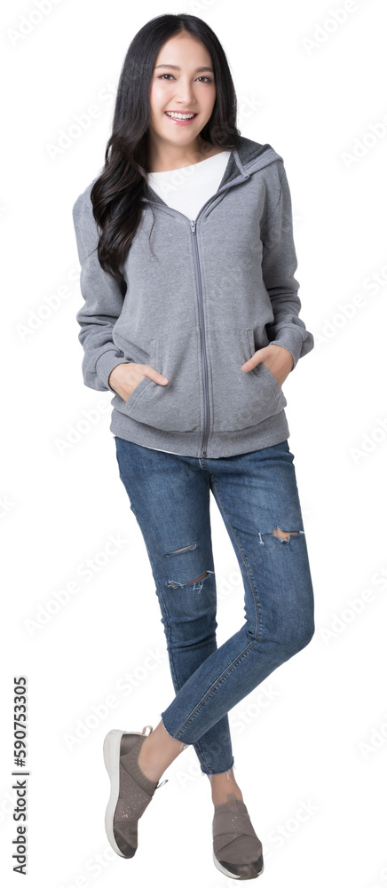 Full length portrait of young beautiful Asian woman in hoodie sweatshirt and blue jeans isolated ove