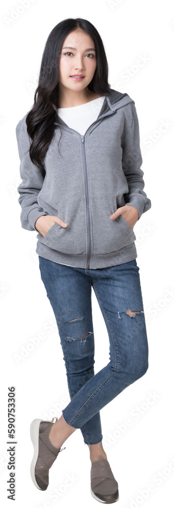 Full length portrait of young beautiful Asian woman in hoodie sweatshirt and blue jeans isolated ove