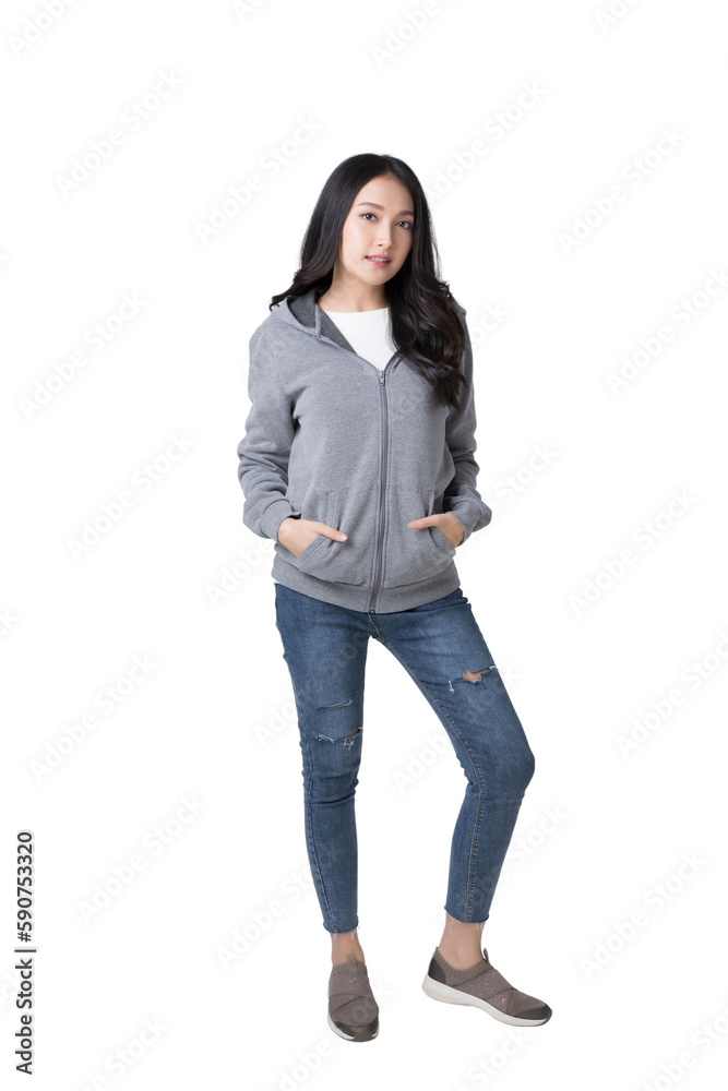 Full length portrait of young beautiful Asian woman in hoodie sweatshirt and blue jeans isolated ove