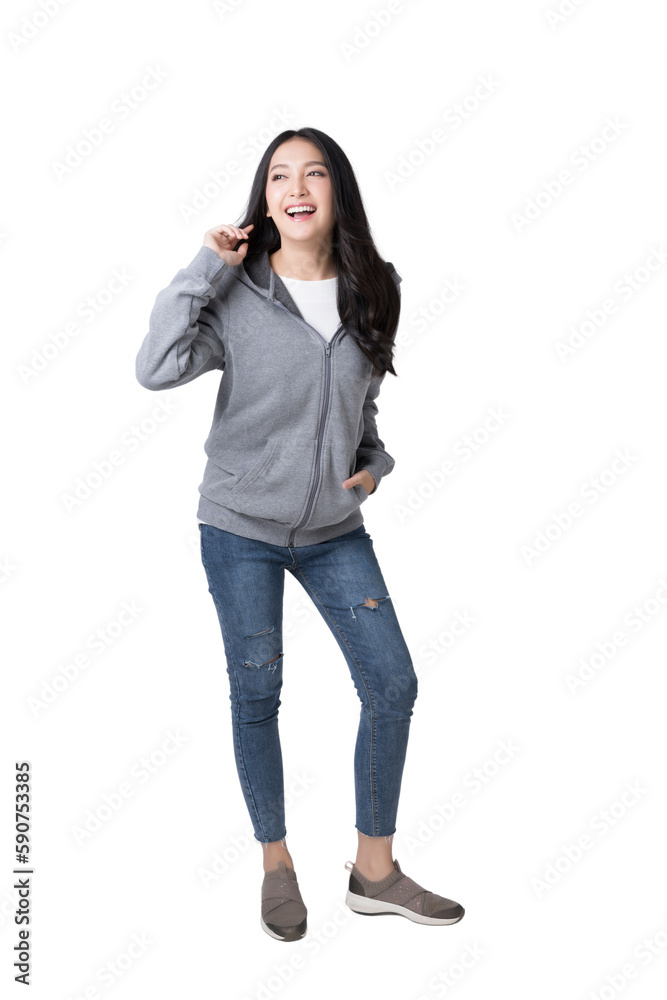 Full length portrait of young beautiful Asian woman in hoodie sweatshirt and blue jeans isolated ove