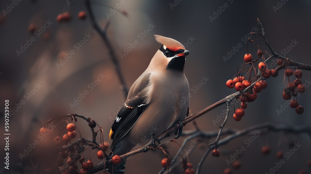 A Bohemian Waxwing bird stands on a tree branch. Generative AI