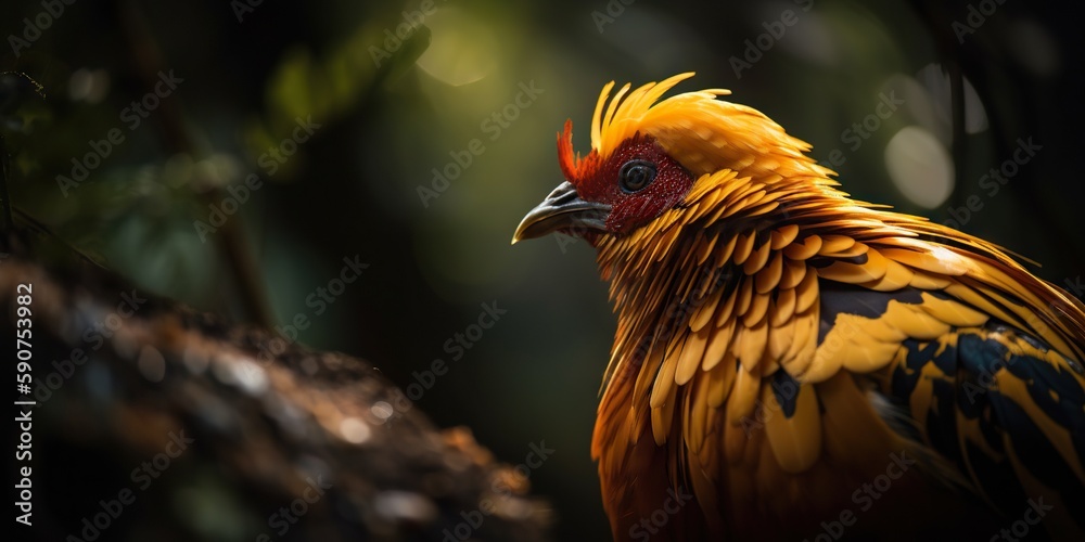 Golden pheasant close up with forest background. Generative AI