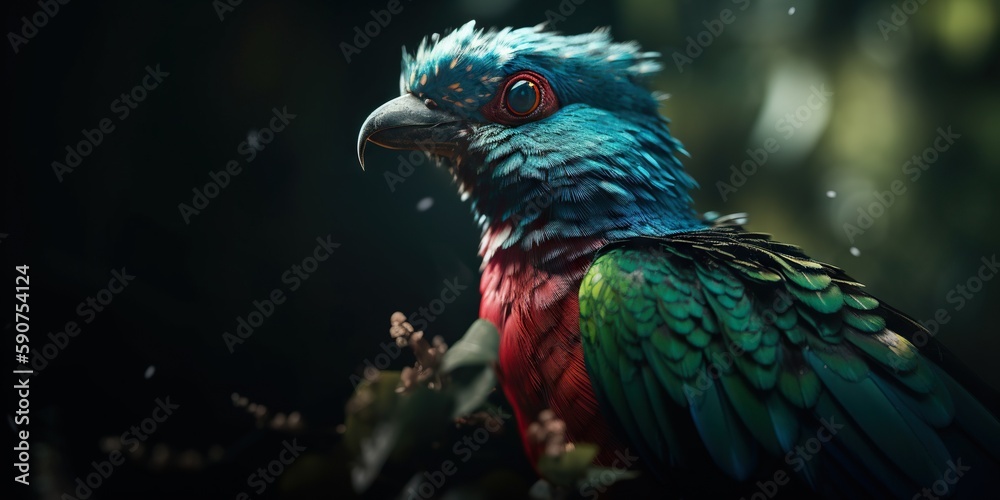 Female Quetzal bird with forest background. Generative AI