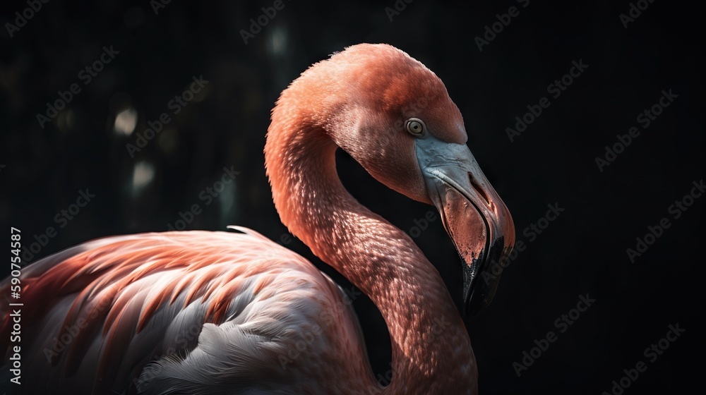 Pink flamingo close up standing with forest background. Generative AI