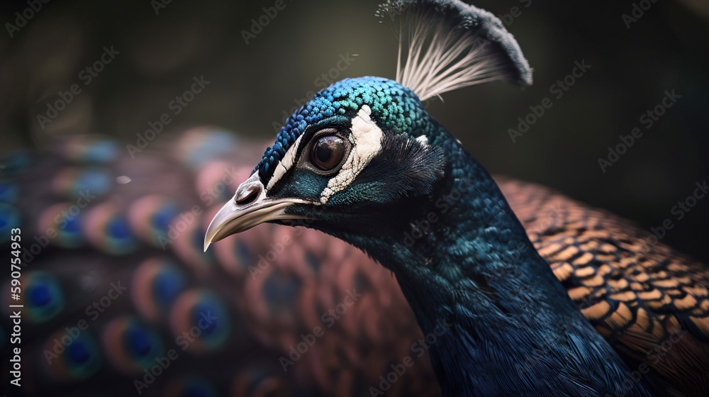 Close up photo of Peacock bird on forest background. Generative AI