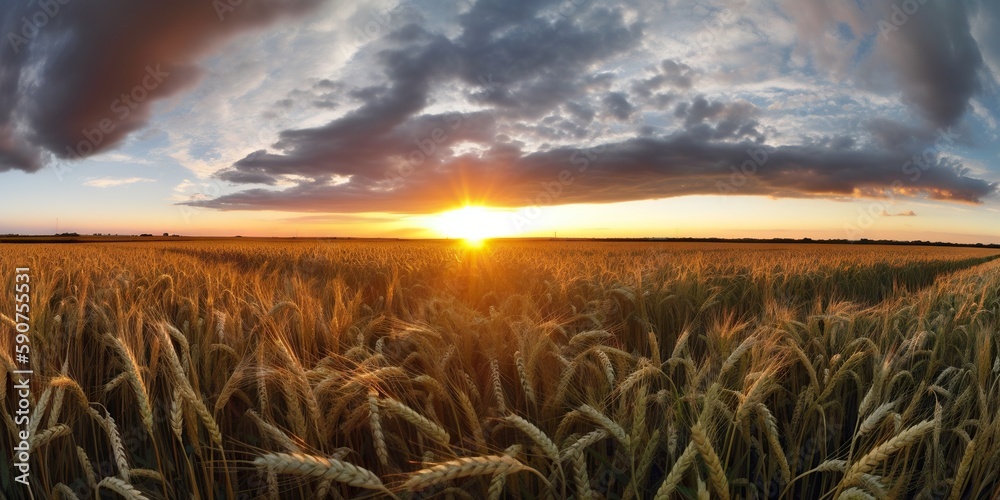 Panoramic view on field of golden ripe wheat on sunset. Generative AI