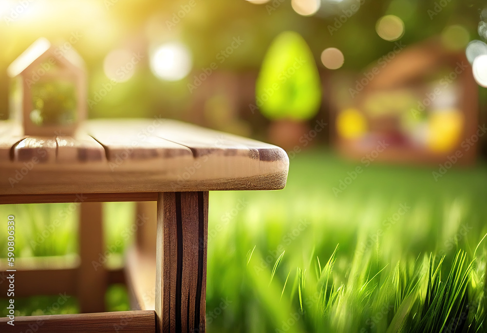 Wood planks and blurred garden background