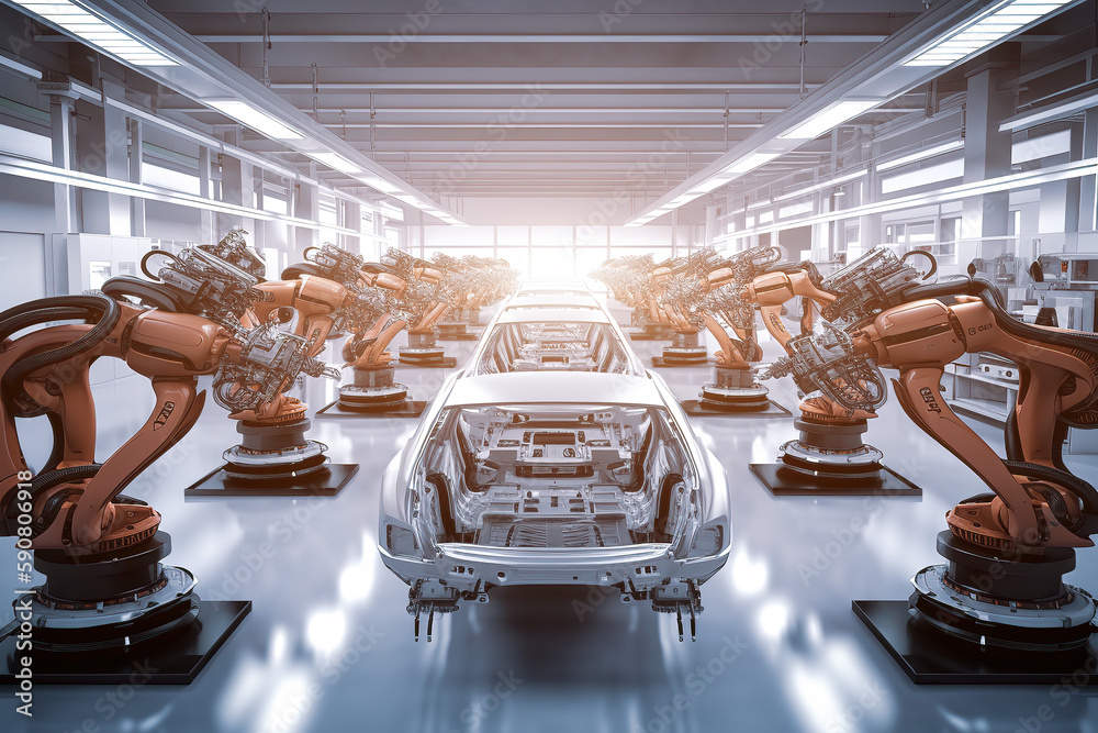 Photo of robots working on an ai generated car assembly line