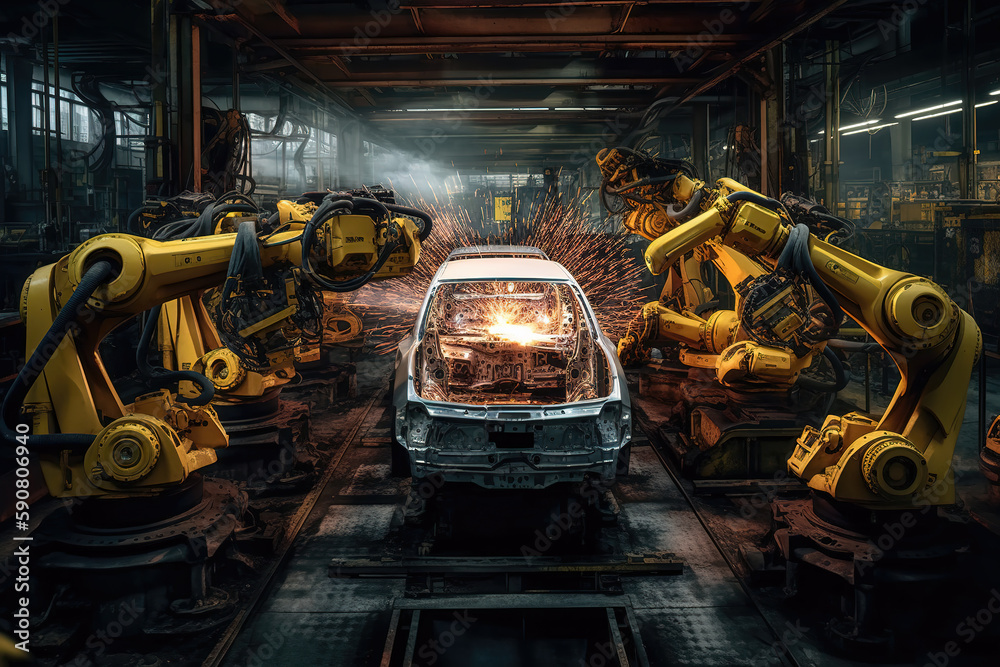 Photo of robots working on an ai generated car assembly line