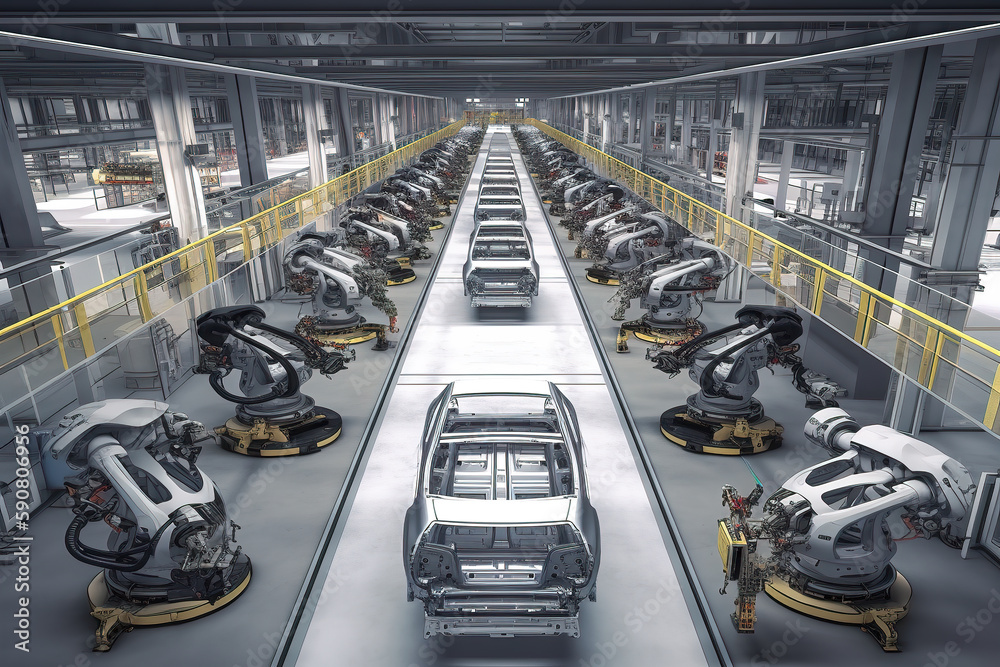 Photo of robots working on an ai generated car assembly line