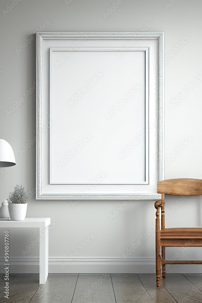 Hanging white blank photo frame generated by artificial intelligence