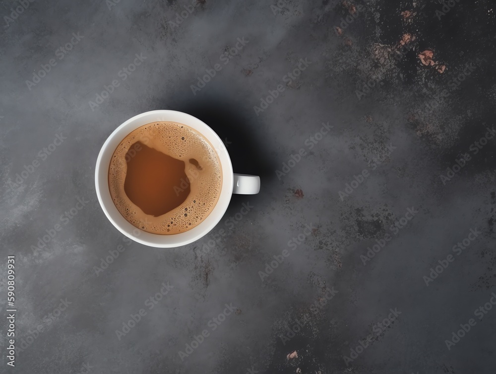 Cup of coffee on dark background, top view, copy space