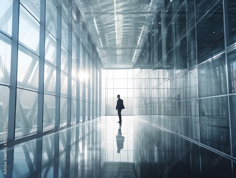 Businesswoman walking in modern office building. Success and leadership concept. Double exposure.