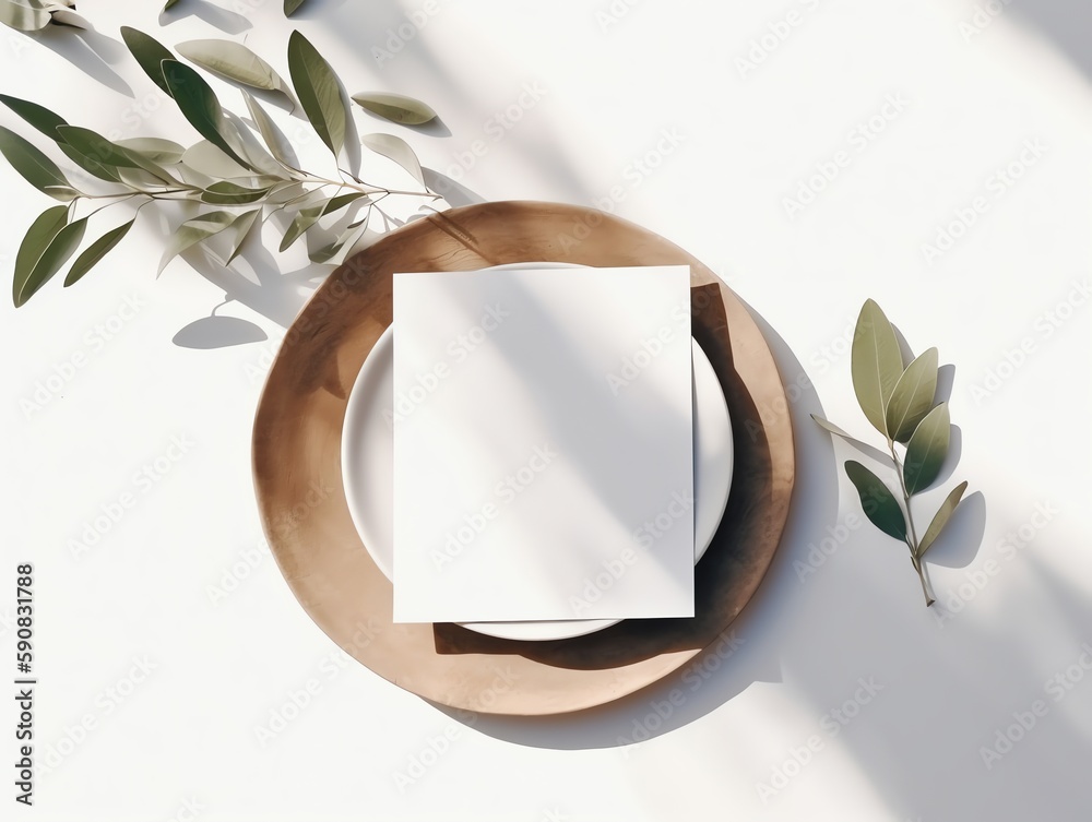 Blank paper card mockup on wooden plate with olive branch shadow on white background.