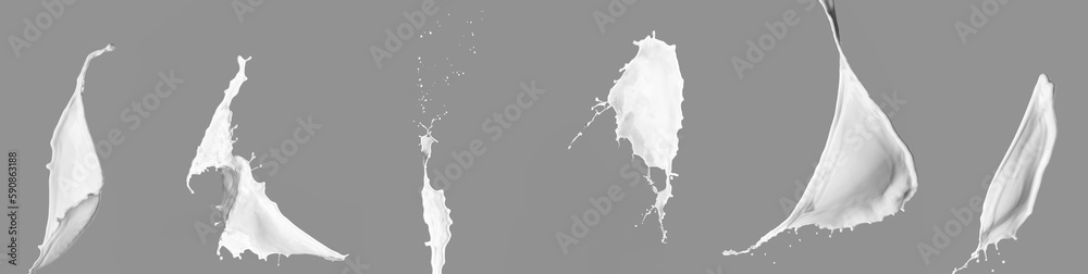 Set of milk splashes on grey background