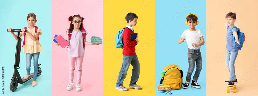 Collection of little school children on color background. End of school