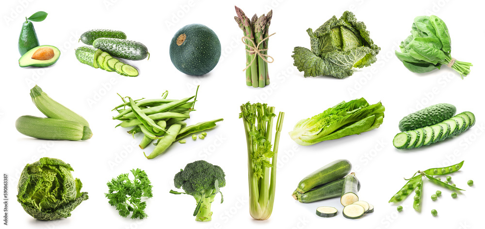 Set of fresh green vegetables on white background