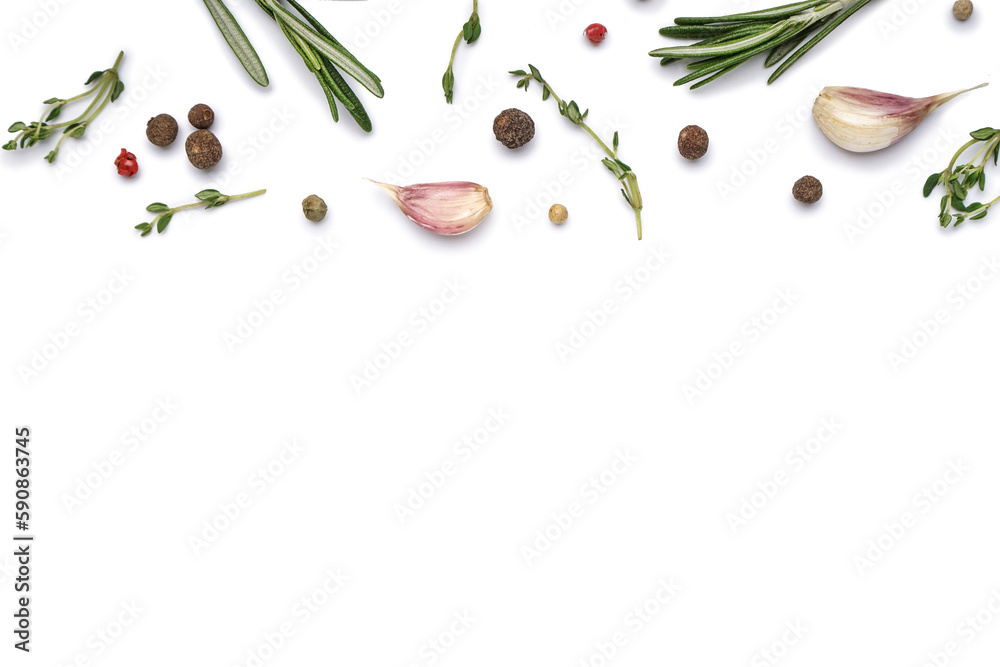 Composition with fresh spices and herbs isolated on white background