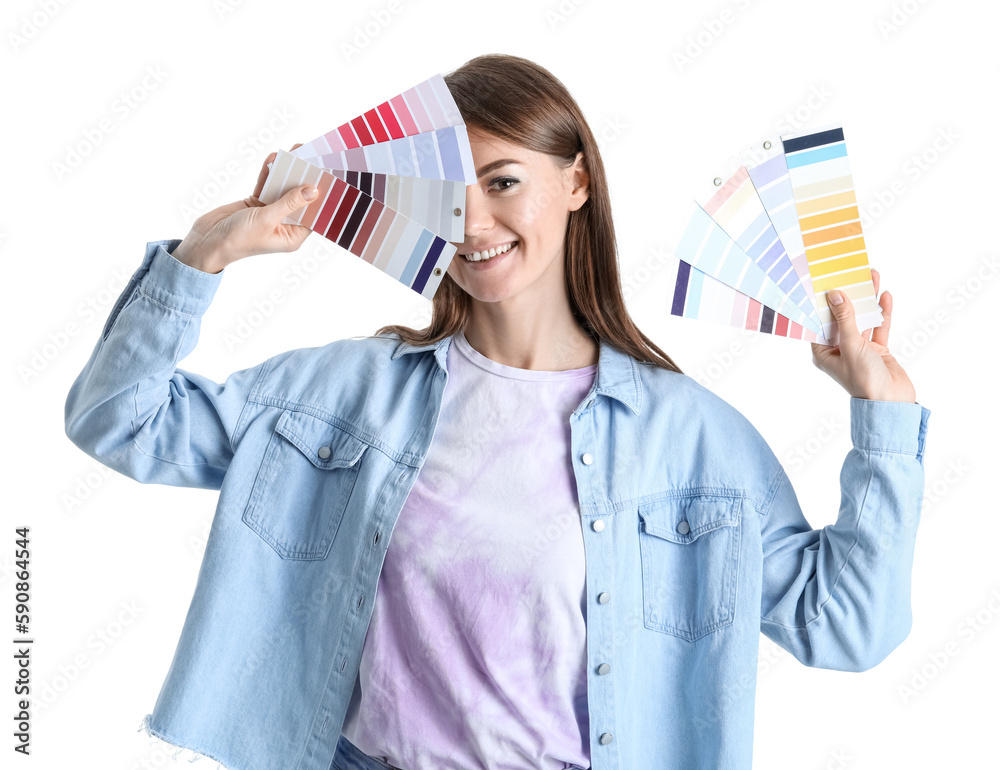 Beautiful woman with paint color palettes on white background