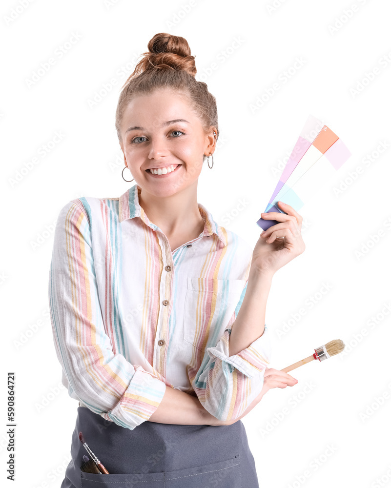 Female artist with paint color palettes and brush on white background