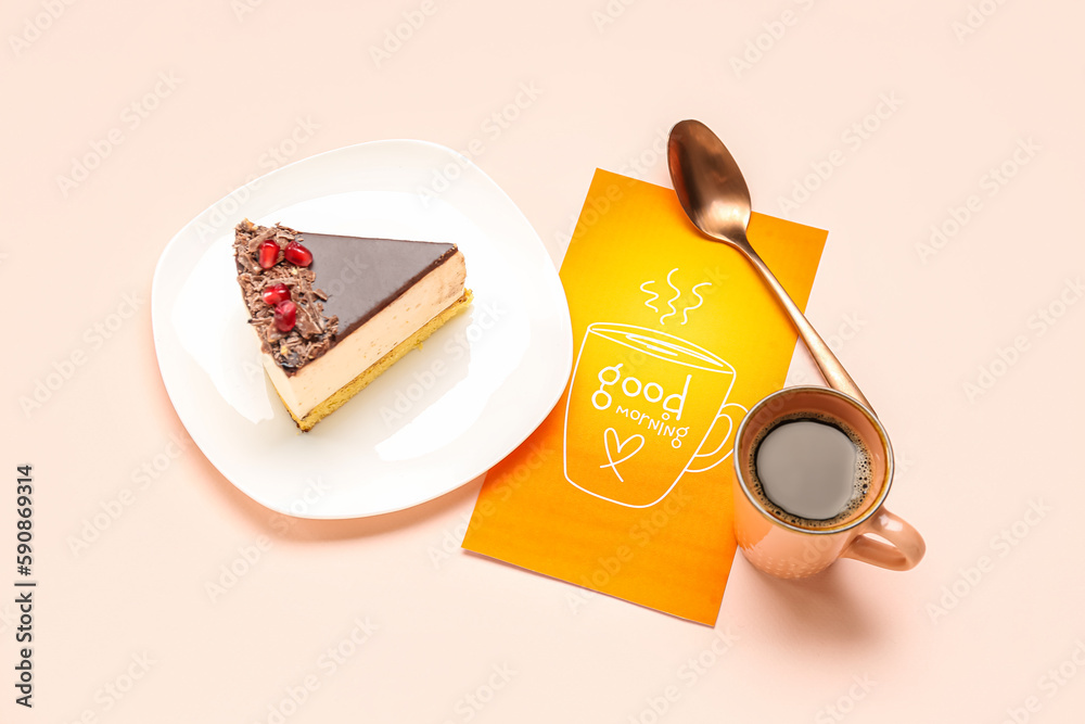 Cup of coffee, plate with tasty cake and card on color background