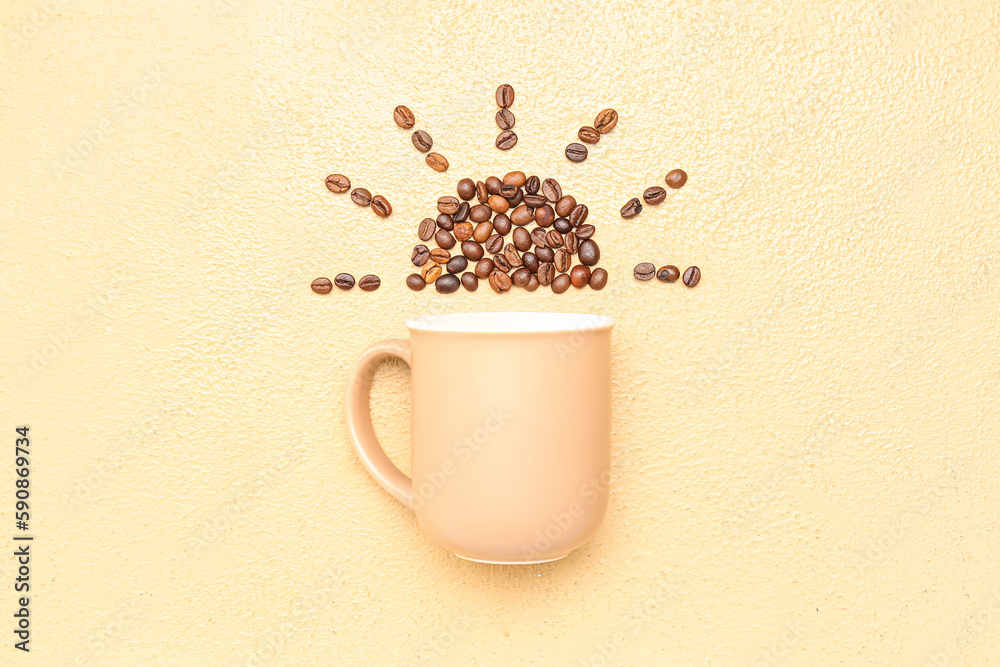 Creative composition with coffee beans and cup on color background