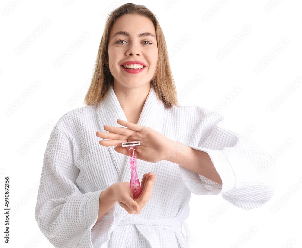 Young woman with razor on white background