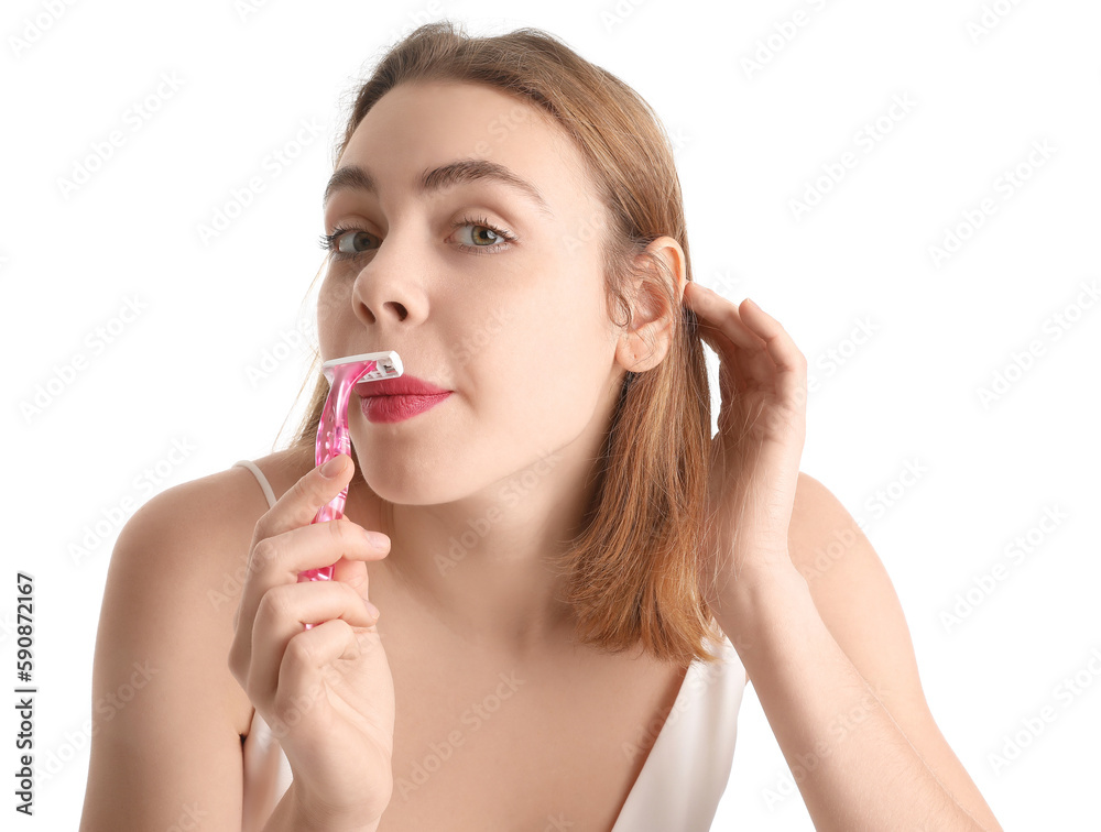 Young woman shaving face with razor on white background, closeup