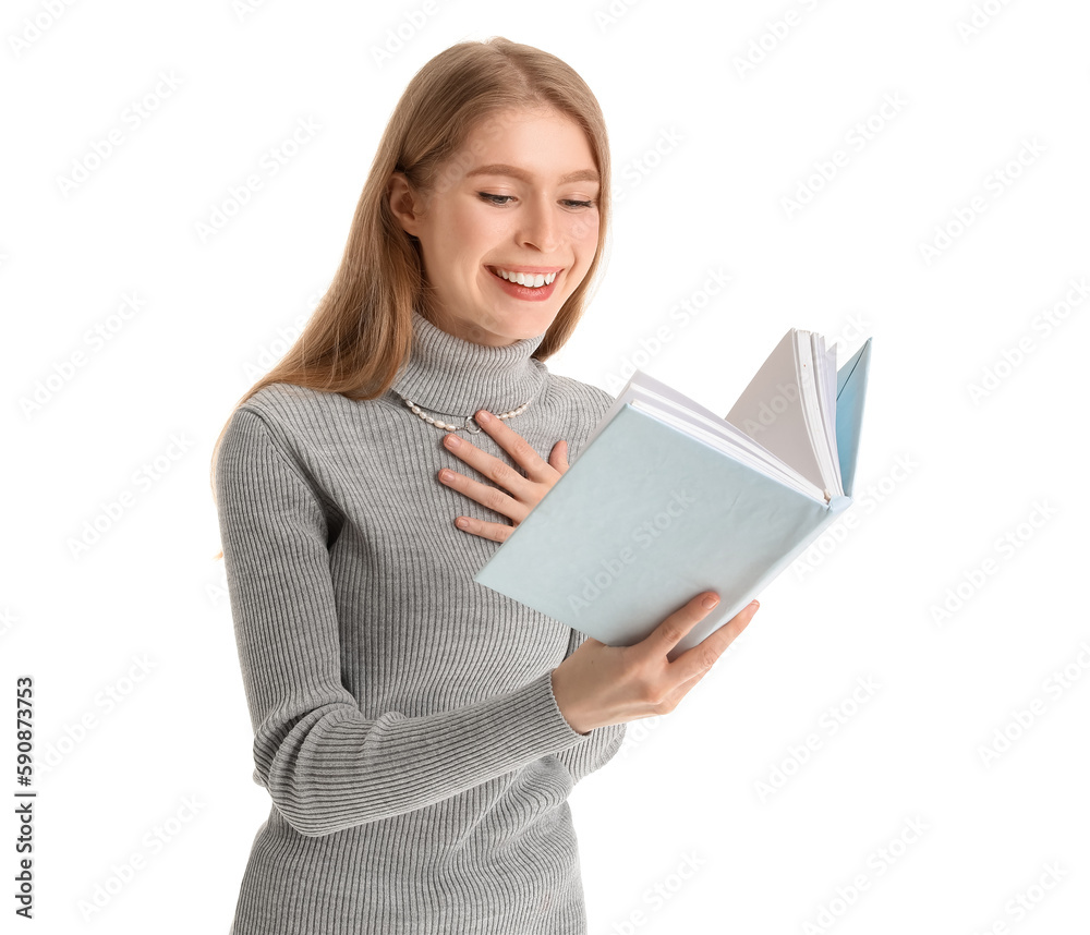 Happy young woman reading book on white background