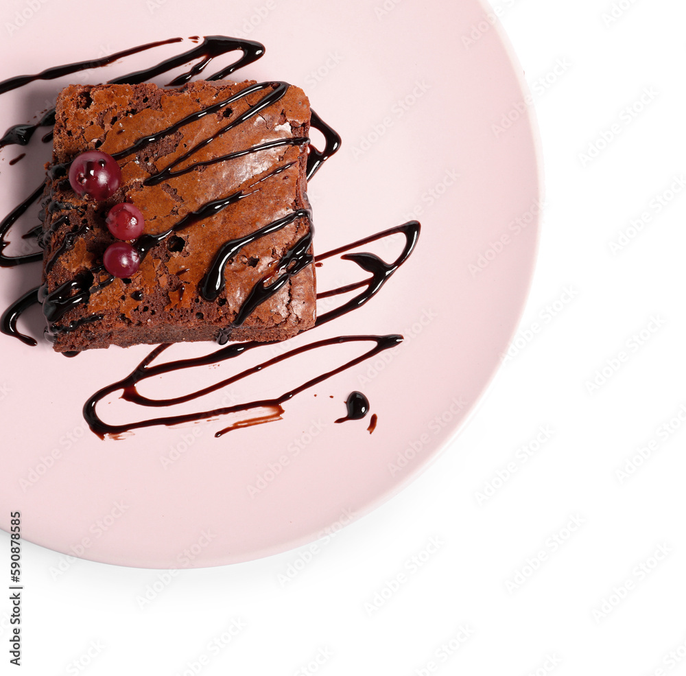 Plate with piece of tasty chocolate brownie isolated on white background