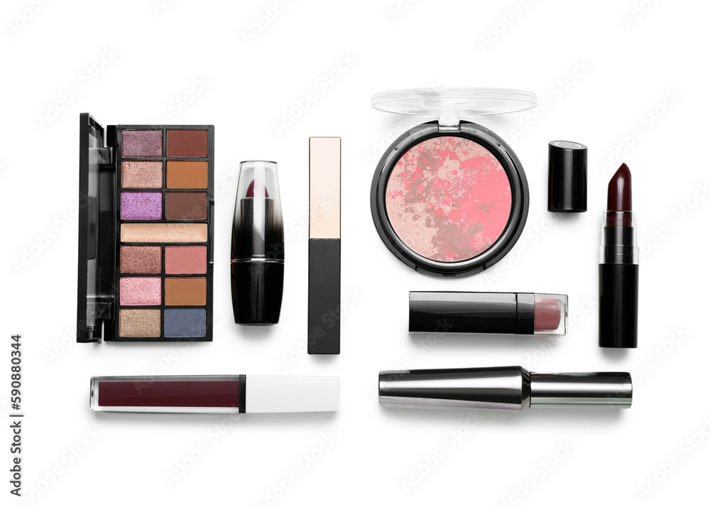 Decorative cosmetics on white background, top view