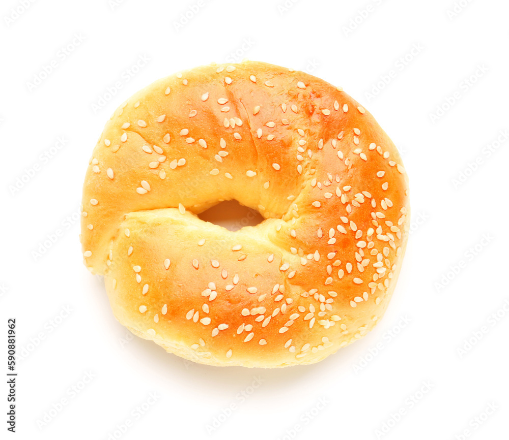 Tasty bagel with sesame seeds on white background