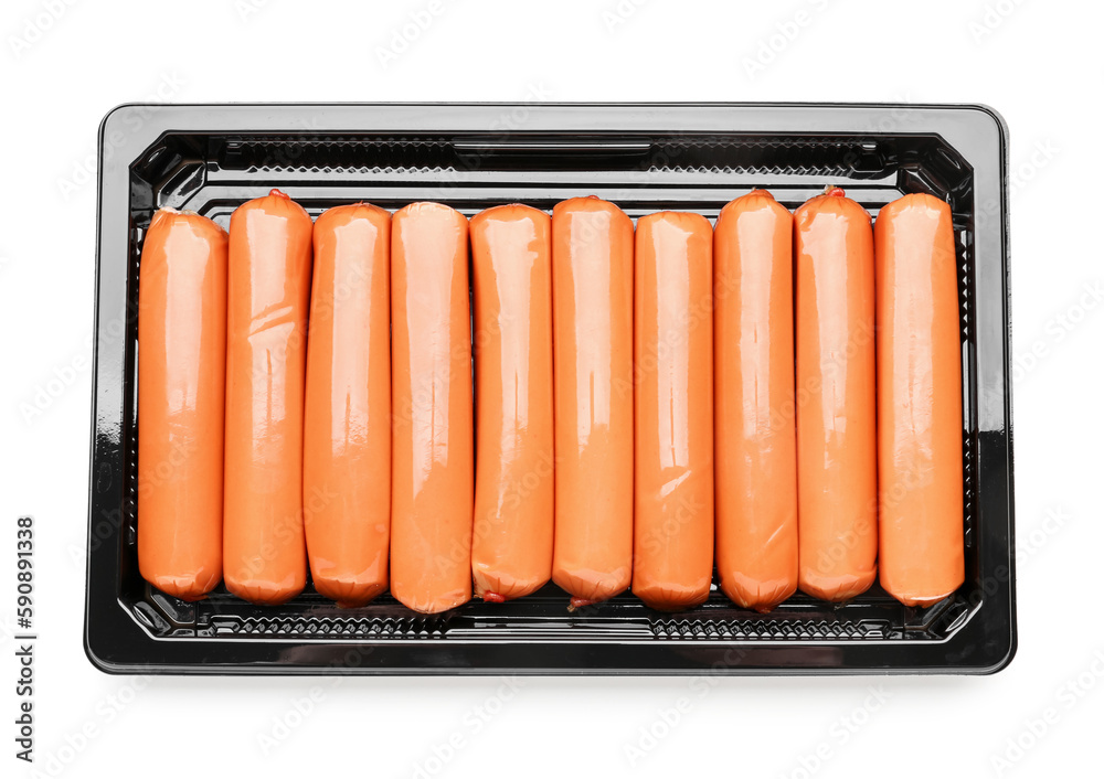 Packing box with tasty sausages on white background