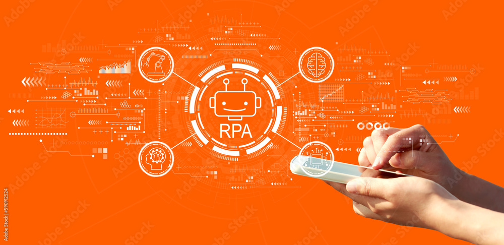 Robotic Process Automation RPA theme with person using a smartphone on a orange background