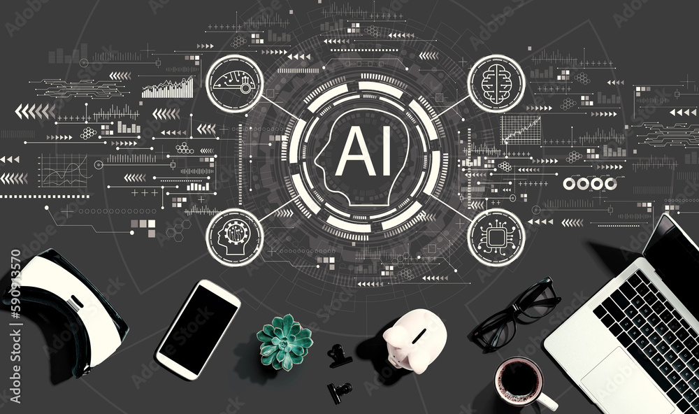 AI concept with electronic gadgets and office supplies - flat lay