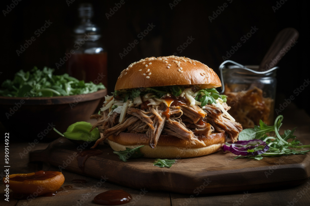 American barbecued pulled pork sandwich Illustration AI Generative